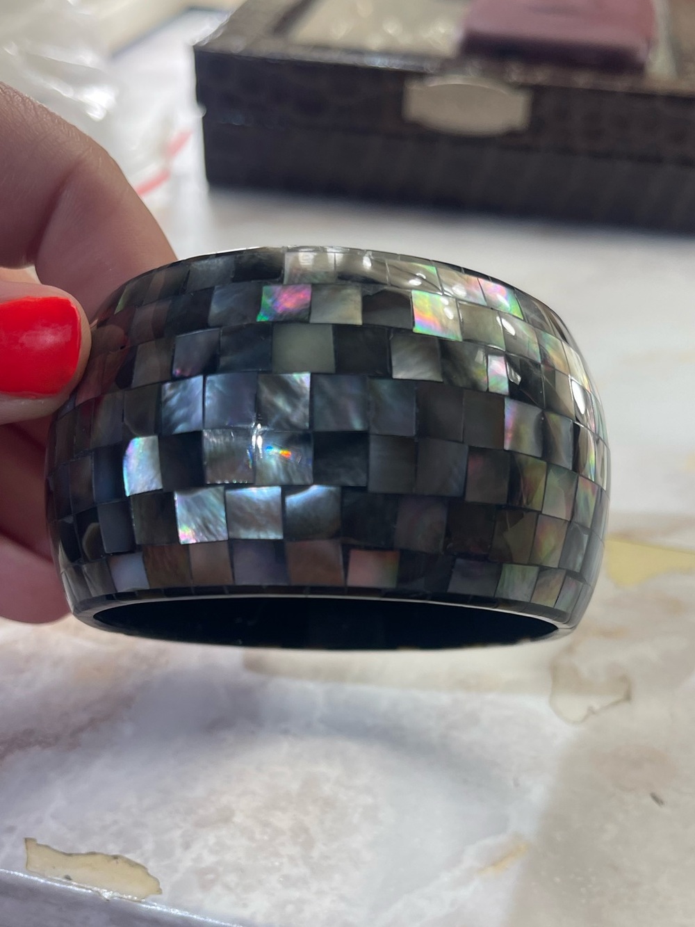 Iridescent Black Mother of Pearl Mosaic Bangle